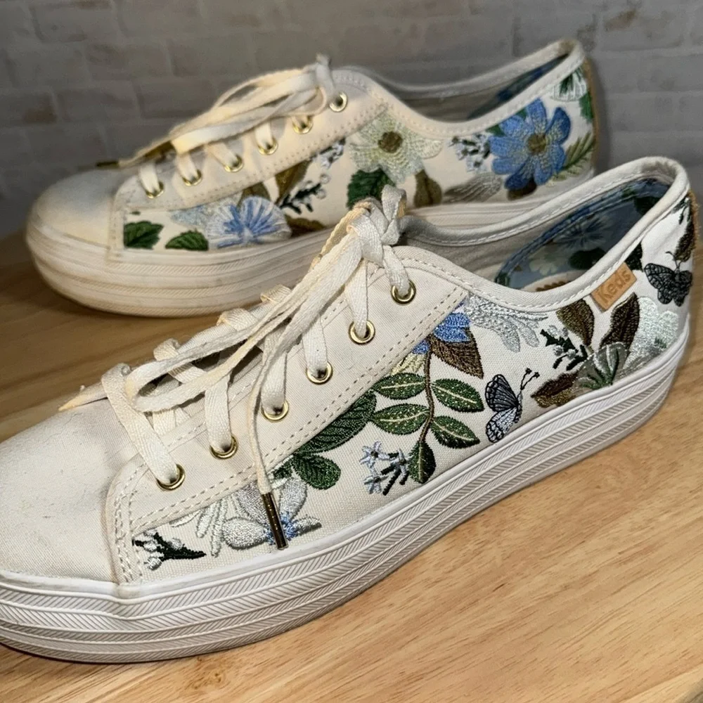 Rifle Paper Keds Triple Kick Blue Fields Embroidered Floral Casual Sneaker Shoes